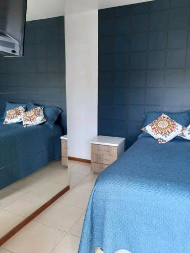 Apê aconchegante e quentinho em São Joaquim في ساو جواكيم: غرفة نوم زرقاء بسريرين وتلفزيون