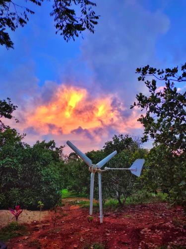 a wind turbine in a field with a cloudy sky at Farmhouse with Pool - Kalavady Farmstay in Baindūru