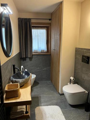 a bathroom with a sink and a toilet at Remina Dolomiti house in Tonadico