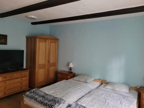 a bedroom with two beds and a tv and a dresser at Zachęta in Sokolec