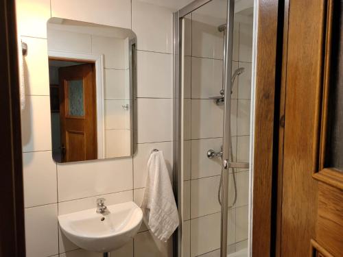 a bathroom with a sink and a shower with a mirror at Zachęta in Sokolec