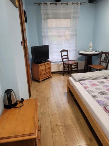 a bedroom with a bed and a tv and a table at Zachęta in Sokolec
