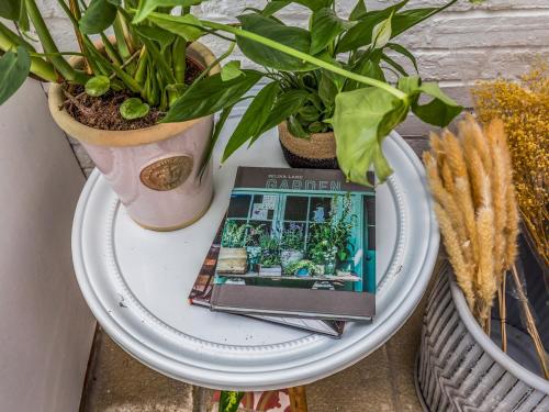 a table with a book and plants on it at Pass the Keys Delightful 2 Bed House a Stones Throw From Beach in Bognor Regis