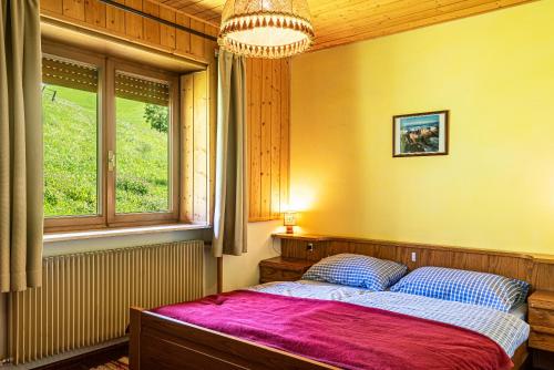 a bedroom with a bed and a window and a chandelier at Pension Sonia App 103 in Funes