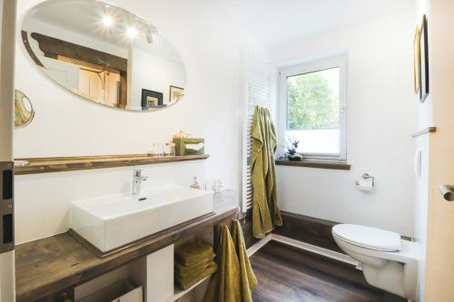 een badkamer met een wastafel en een spiegel bij Bei Fritz und Frieda in Willingen