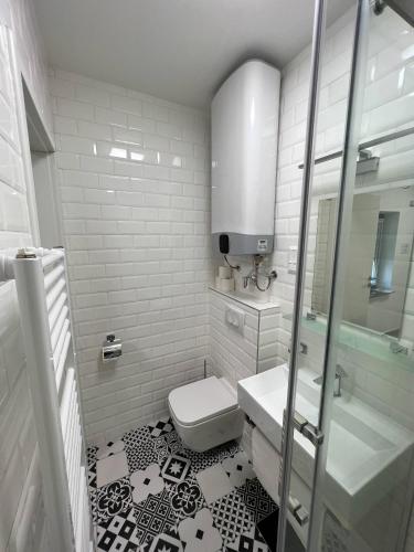 フォニョードにあるLujza Apartmanの洗面台とトイレを備えた白いバスルーム