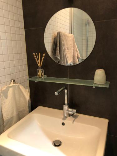a bathroom with a sink and a mirror on the wall at Wohnung mit Charme in Munich