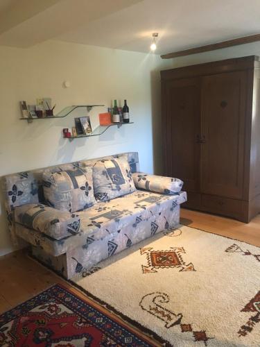 a couch sitting in a living room with a rug at Haus der Sinne in Obernberg am Inn