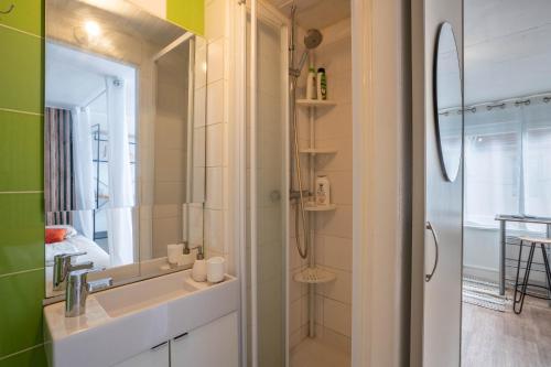 Un baño con lavabo y ducha con espejo. en L'Alexandrin, en Charleville-Mézières