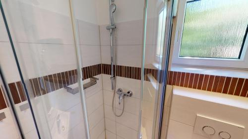 eine Duschkabine im Bad mit Fenster in der Unterkunft NeuKlosterhof App. 01 in Pelzerhaken