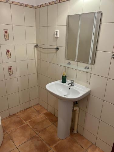 a bathroom with a sink and a mirror at Zajazd Reczyn - Nowy Reczyn 16 