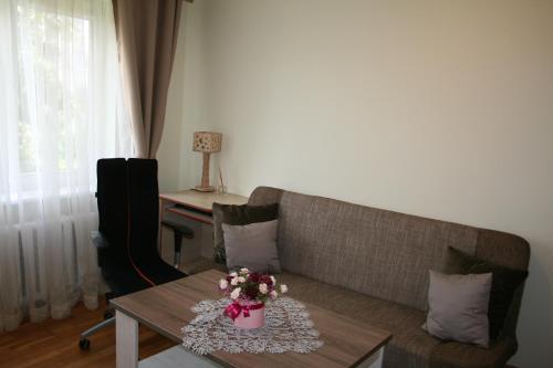 a living room with a couch and a table with flowers at Cosy one room apartment in Vilnius