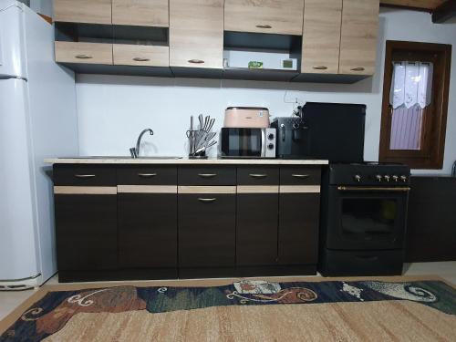 a kitchen with a sink and a stove top oven at Cabana DEMI in Gheorgheni