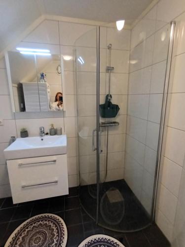 a bathroom with a shower and a sink at Olgas apartment in Tromsø