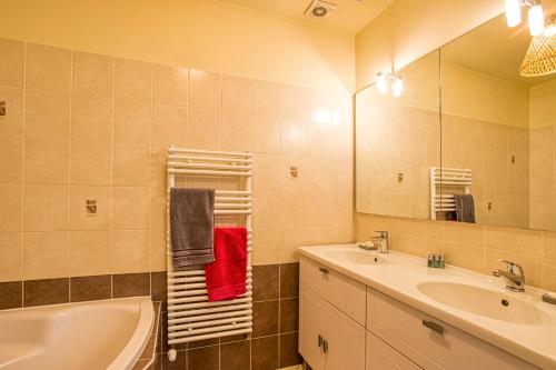 une salle de bain avec un lavabo, une baignoire et un miroir dans l'établissement PORTE DU VIEUX LYON, vue sur la saône, à Lyon