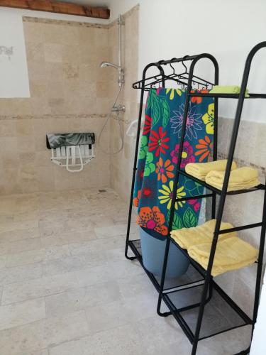 La salle de bains est pourvue d'une douche et d'un portant. dans l'établissement Petite villa avec piscine privative, à Aigremont