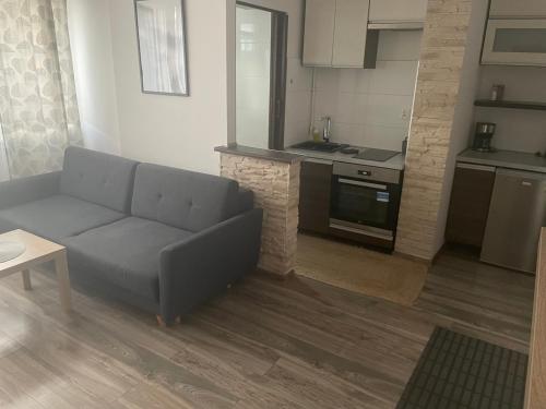 a living room with a couch and a kitchen at Apartament Północ in Koszalin