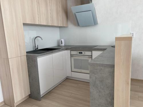 a small kitchen with white cabinets and a sink at Apartman Hestia in Rajecké Teplice