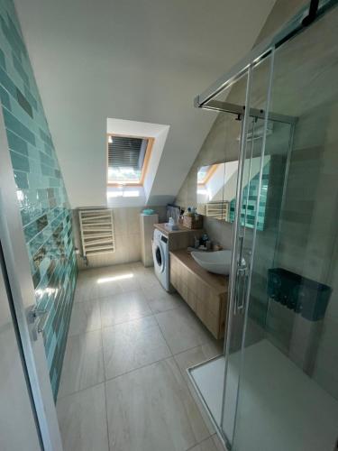 ein Bad mit einer Dusche und einem Waschbecken in der Unterkunft Fenyves Beach Apartman in Balatonfenyves