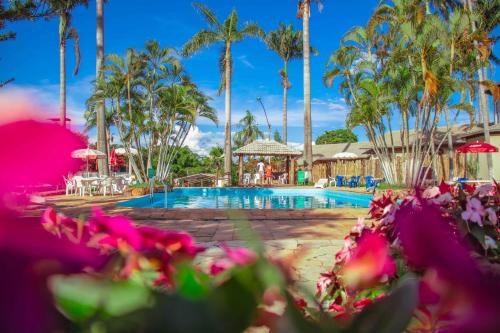 una piscina en un complejo con palmeras y flores rosas en Caldas Park & Hotel Caldas Novas, en Caldas Novas