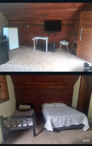 two pictures of a bedroom with a bed and a tv at Chalé 3- Recanto Shambala in São Thomé das Letras