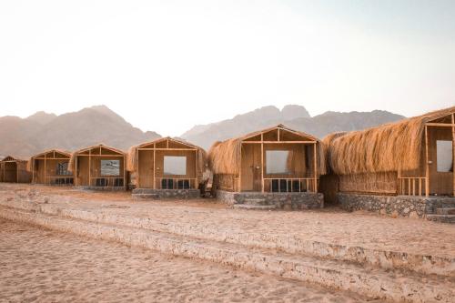 Sinai Life Beach Camp في نويبع: صف من الاكواخ في الصحراء مع جبال في الخلفية