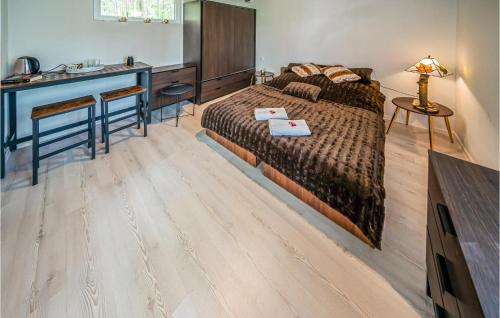 Dormitorio con cama, escritorio y TV en Awesome Home In Sulnowo With Sauna, 