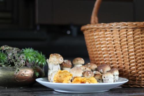 a plate of mushrooms on a table with a basket at Apartment Bajta - Rogla in Zreče
