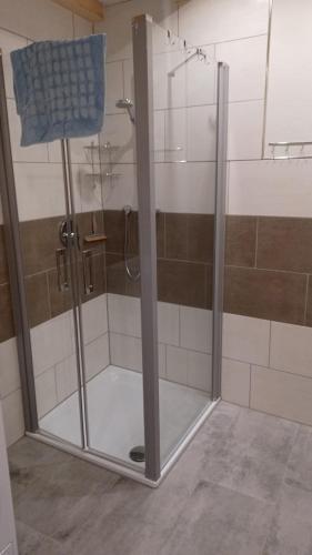 a shower with a glass door in a bathroom at Meyer Holiday 