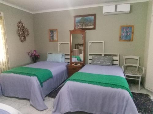 1 dormitorio con 2 camas con sábanas verdes y blancas en Marnalé Oornagwoonstel, en Piet Retief