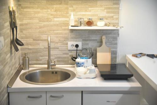 eine kleine Küche mit einer Spüle und einer Theke in der Unterkunft Dekart 2 Apartment in Niš