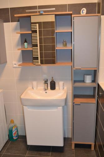 uma casa de banho com um lavatório branco e um espelho. em KVÍTKO em Frymburk