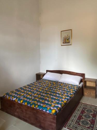 een slaapkamer met een bed in een kamer met een tapijt bij Villa CB village Aby in Aboisso