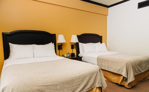 two beds in a room with yellow walls at Plaza Hotel and Suites in San Salvador
