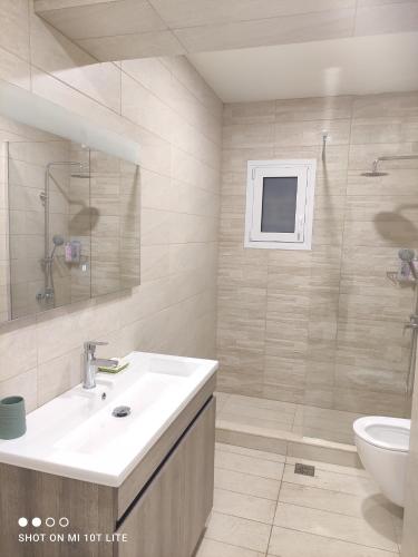 een badkamer met een wastafel, een douche en een toilet bij Diacopto Country Houses in Diakopto