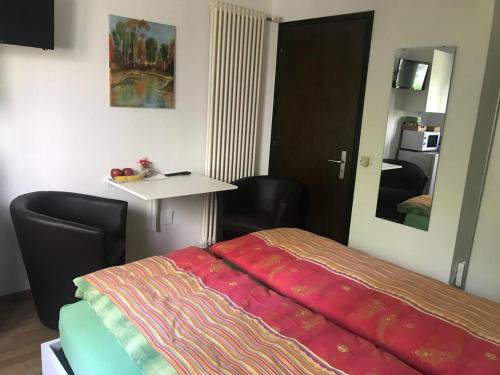 um quarto com uma cama e uma mesa com cadeiras em Locarno: camera indipendente in zona residenziale em Locarno