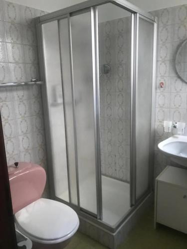 y baño con ducha, aseo y lavamanos. en Locarno: camera indipendente in zona residenziale en Locarno