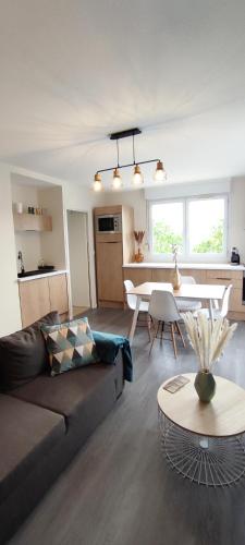 un salon avec un canapé et une table dans l'établissement Scandy Appart - T2 cosy tout confort - Clim Parking Balcon Vue, à Saint-Priest