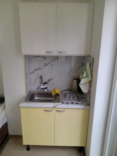 a small kitchen with a sink and a counter at Apartments Vela - Pestani, Ohrid in Ohrid