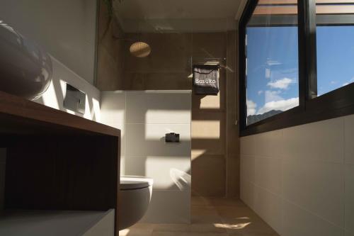 a bathroom with a toilet and a window at BASÂLTO Casas Rurales in Hermigua