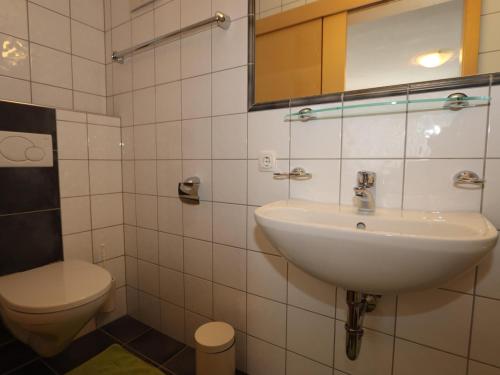 ein Bad mit einem Waschbecken und einem WC in der Unterkunft Apart Altavista in Kappl