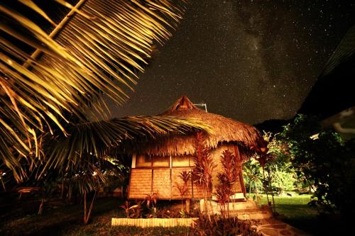 a thatch roofed hut with a palm tree next to it at FARE TEMANEA in Papetoai