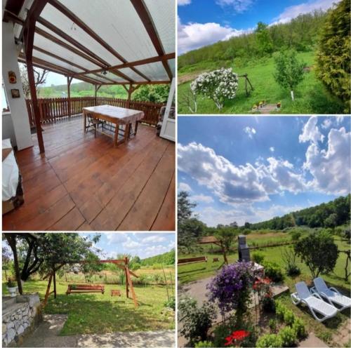 a collage of four pictures with a picnic table and a field at Casa Teonia in Tăşnad