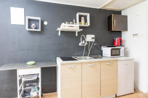 cocina con fregadero y pared negra en Apartments with a parking space Buzet, Central Istria - Sredisnja Istra - 17333, en Buzet