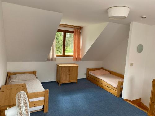 a room with two beds and a window at Apartmány Za humny in Stříbřec