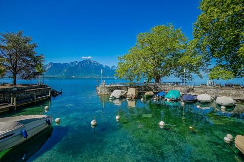 a body of water with a bunch of boats in it at L'Eden studio with a balcony - Lake View in Montreux