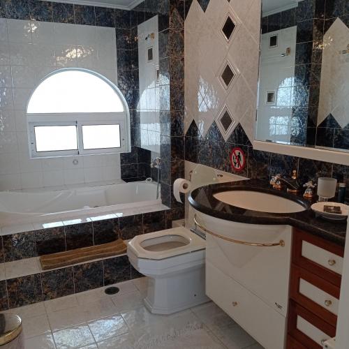 a bathroom with a sink and a toilet and a tub at Villa Costa in Periyiálion