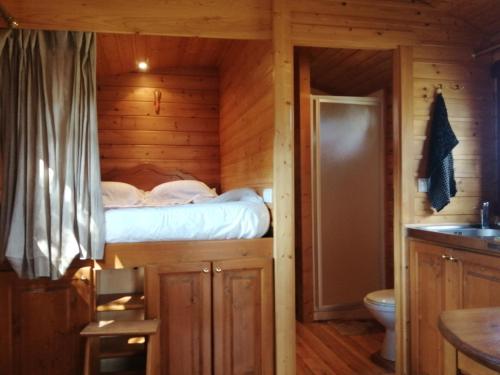 - une chambre avec un lit dans une cabane en rondins dans l'établissement Les Roulottes de la Ferme des Chanaux, à Saint-Julien-dʼAnce