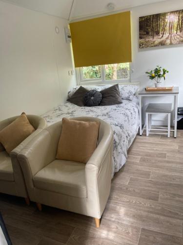 a bedroom with a couch and a bed and a desk at THE LITTLE NEST BEACH sole use accommodation near to bath in Wick
