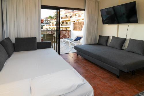 a bedroom with a bed and a couch and a television at Apartamento Atico con terraza, aire acondicionado y piscina climatizada in San Miguel de Abona